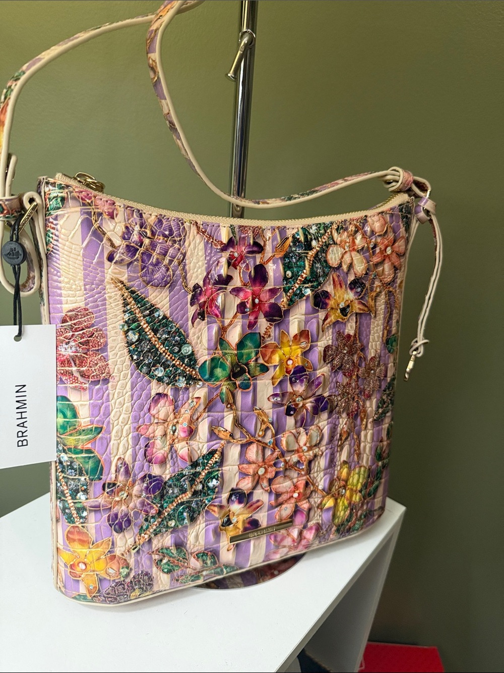 Brahmin NWT Katie Pinstripe Petals Melbourne Croc-Embossed Leather Crossbody - Picture 3 of 5